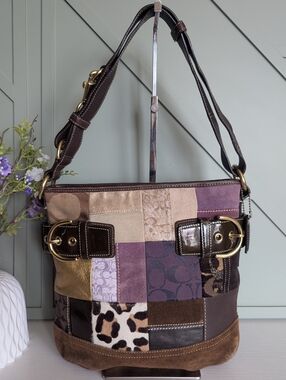 Coach Patchwork Shoulder Bag in Brown, Purple and Gold